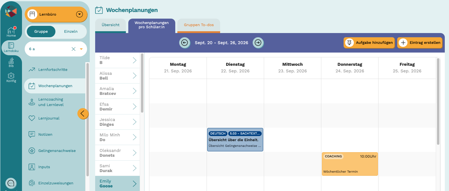 Wochenplan im Reiter Lernplanung pro SuS