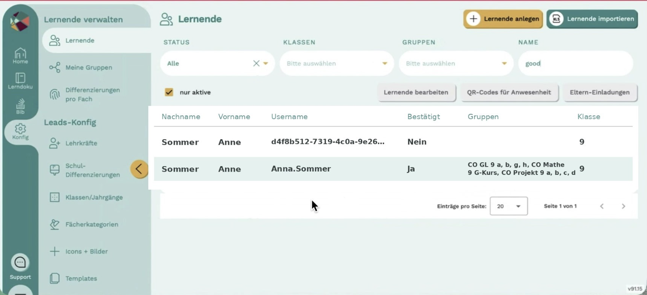 Suche nach doppelten Konten in der Übersicht Lernende